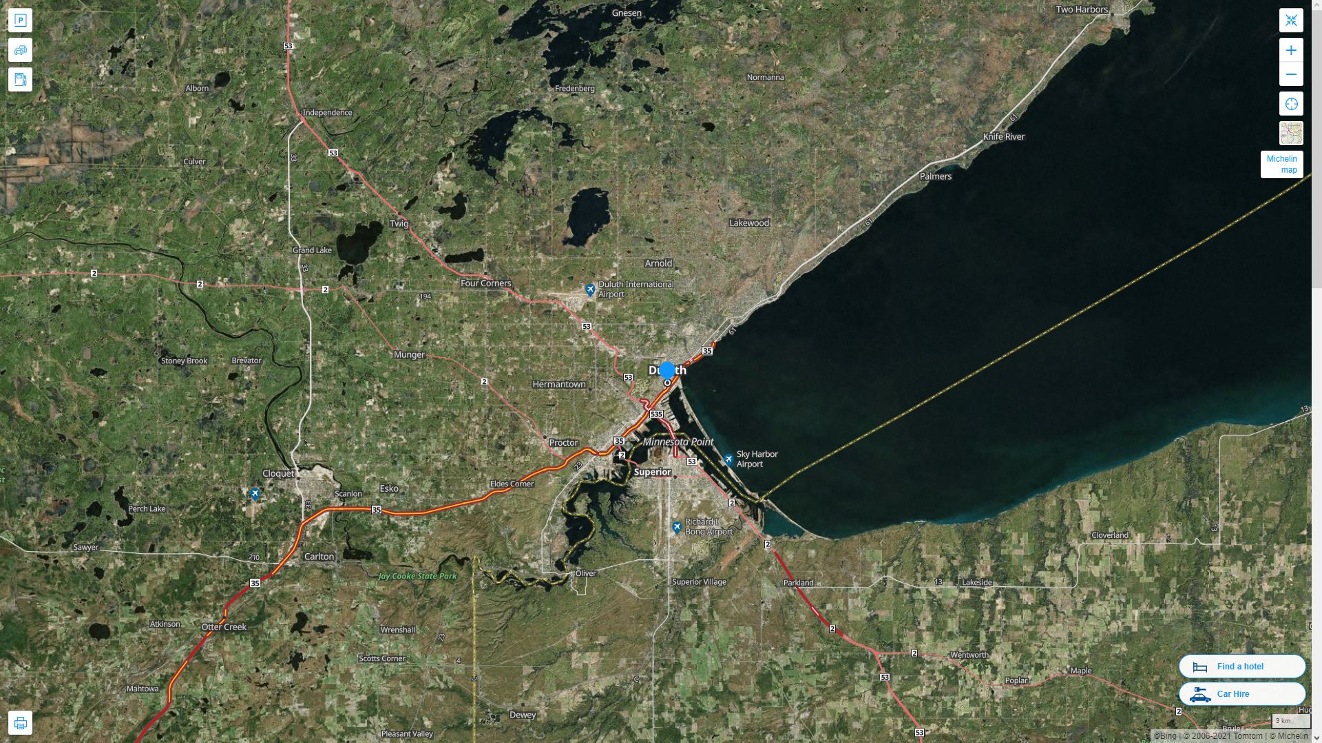 Duluth Minnesota Highway and Road Map with Satellite View